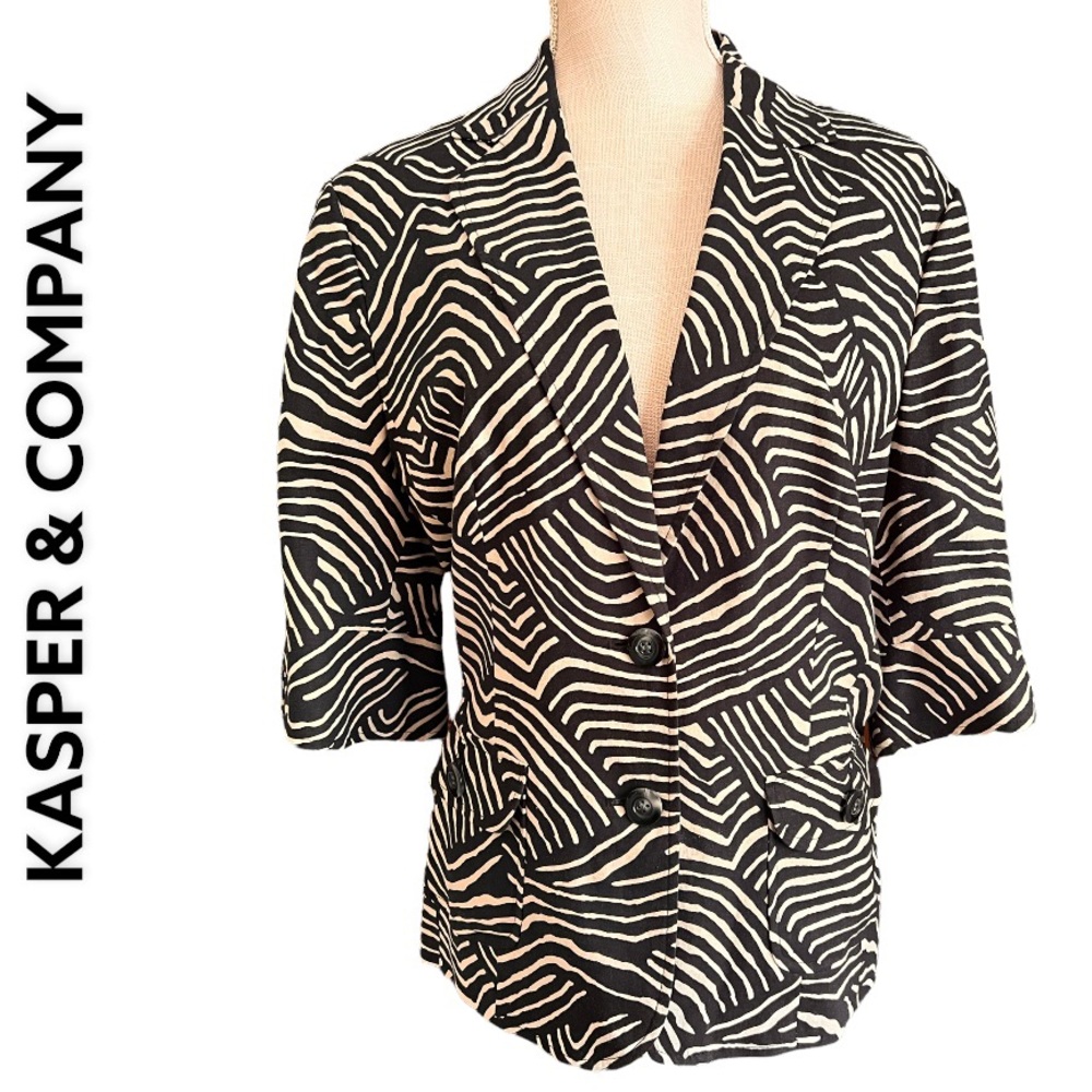 KASPER & COMPANY Black & Cream Zebra Striped Lightweight Elbow Sleeve Blazer, 16